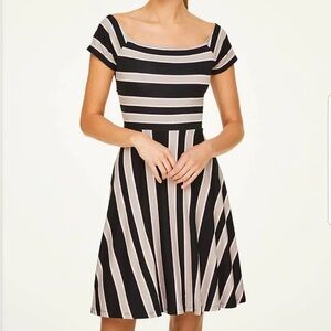 LOFT Black Taupe Stripe Square Neck Fit & Flare Stretch Cross Back Cutout Dress